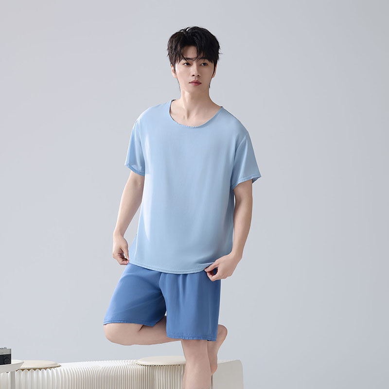 Cotton Silk Short-Sleeved Shorts Men's Pajama Set Thin Round Neck Home Wear Summer Wearable Outdoor Wear Thin Breathable Large Size