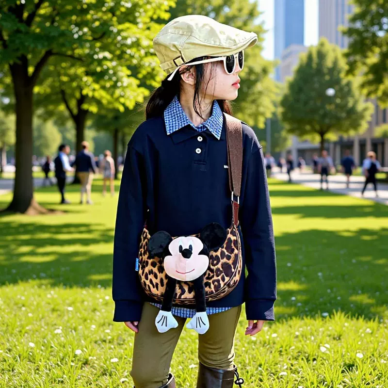 儿童包秋冬新款复古豹纹玩偶单肩包大容量绒面饺子包亲子斜挎包潮