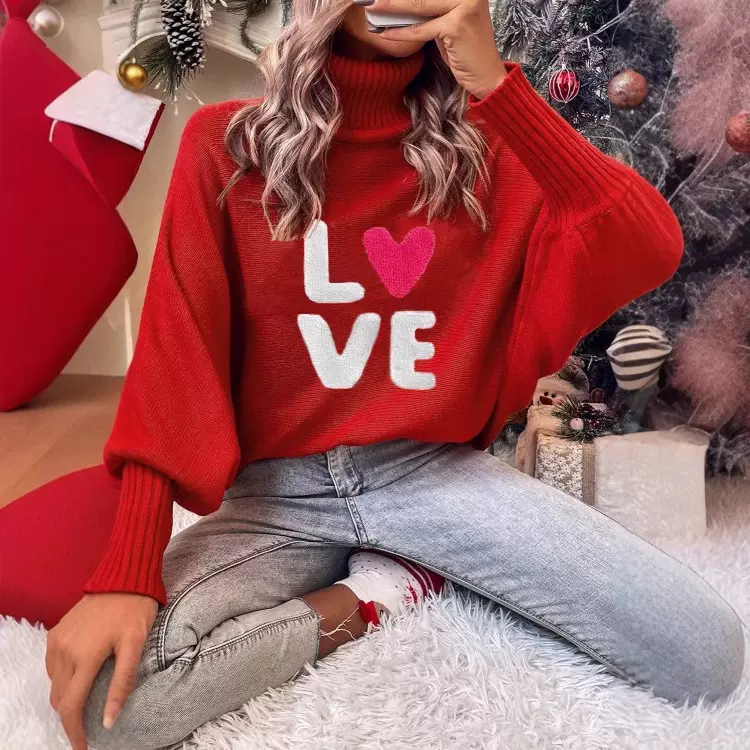 新款跨境亚马逊蝙蝠高领圣诞情人节女装秋冬针织衫套头宽松毛衣