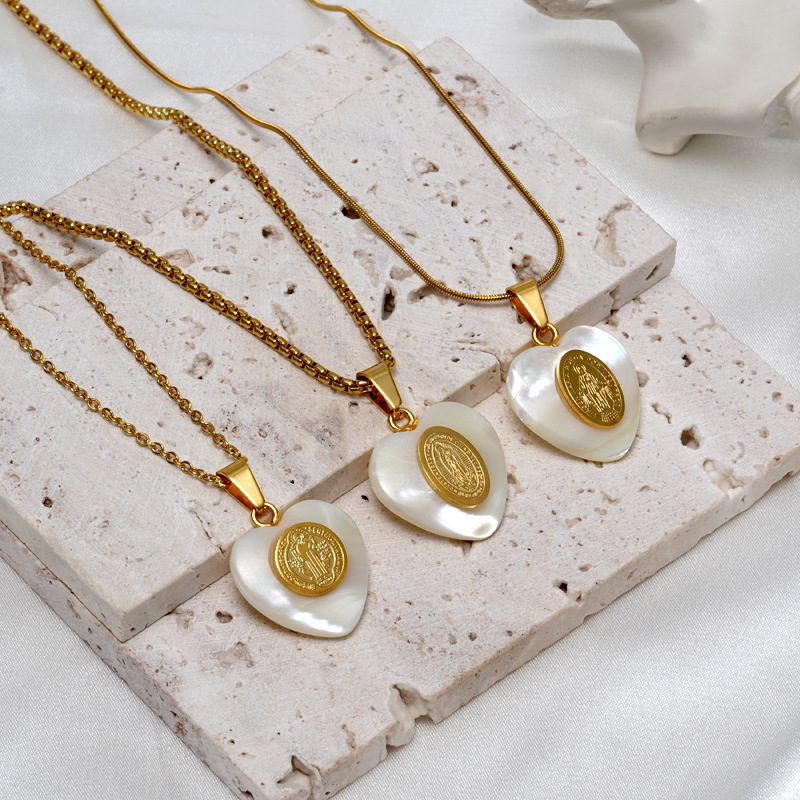 Retro Virgin Mary Heart Shape Titanium Steel Inlay Shell Pendant Necklace