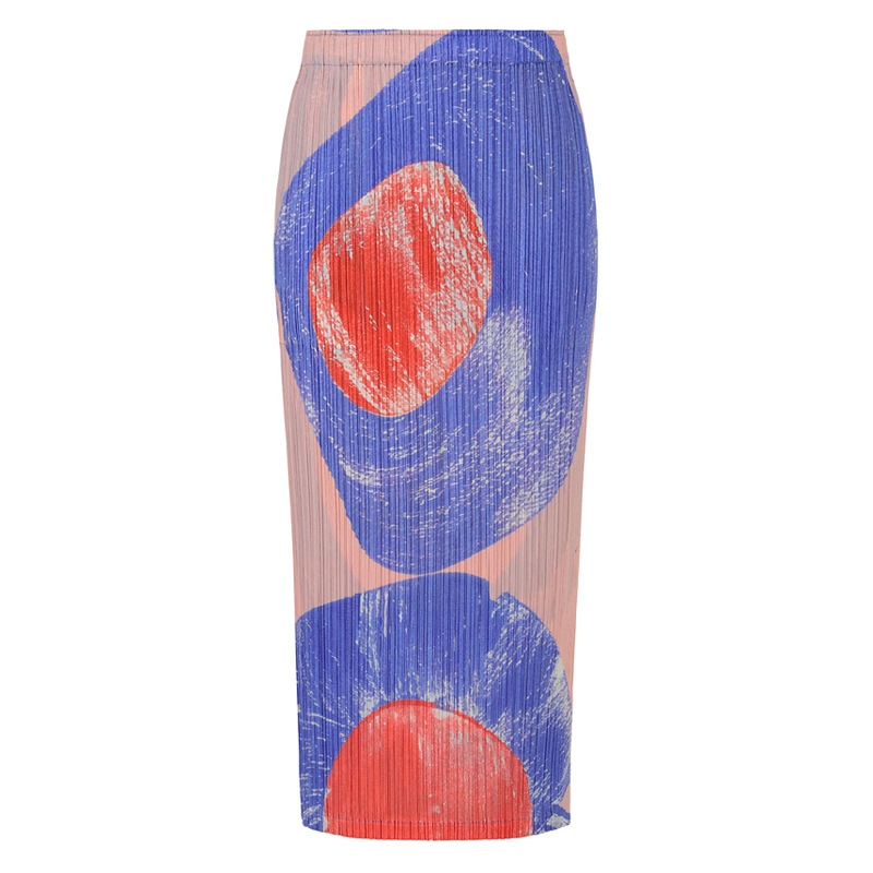 Miyake-Style Women's Slim-Fit Printed Slit Mid-Length Pleated Skirt Jg686