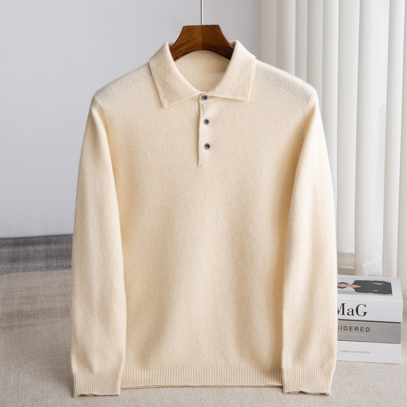Men's Polo Collar Pure Wool Sweater Business Casual Warm Sweater Lapel Pullover Knitted Bottoming Shirt Drop Shipping