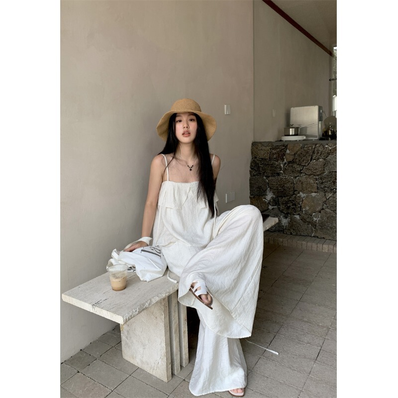 Seaside Resort Style Suit for Women White Linen Camisole Women's Summer Wide-Leg Pants Casual Pants Two-Piece Set