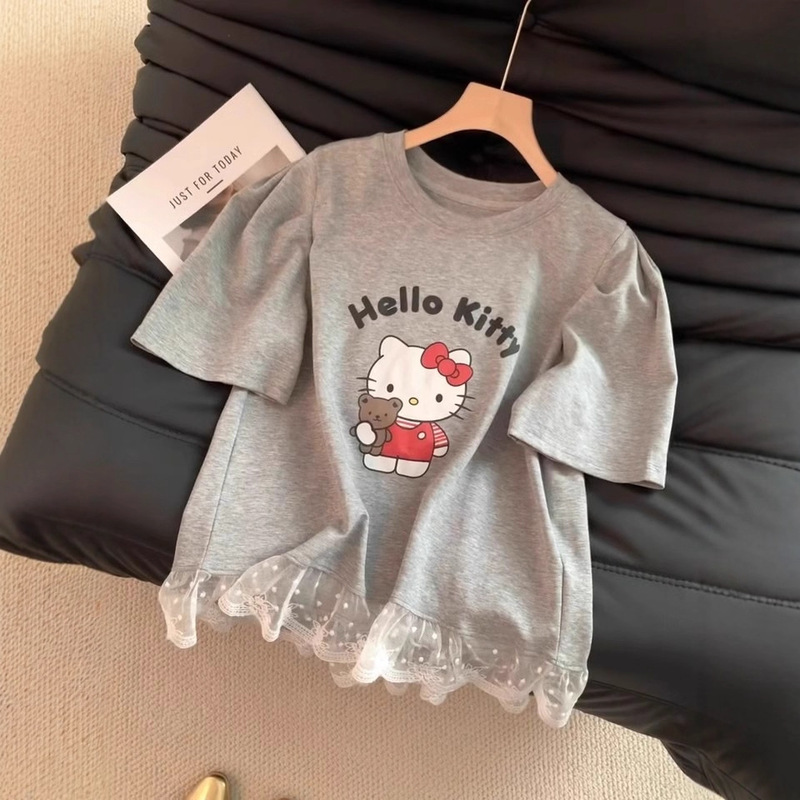 Cartoon Kitty Cat Lace-Trimmed Short-Sleeved T-Shirt for Women, New Summer Style, Versatile and Stylish Top for Petite Women