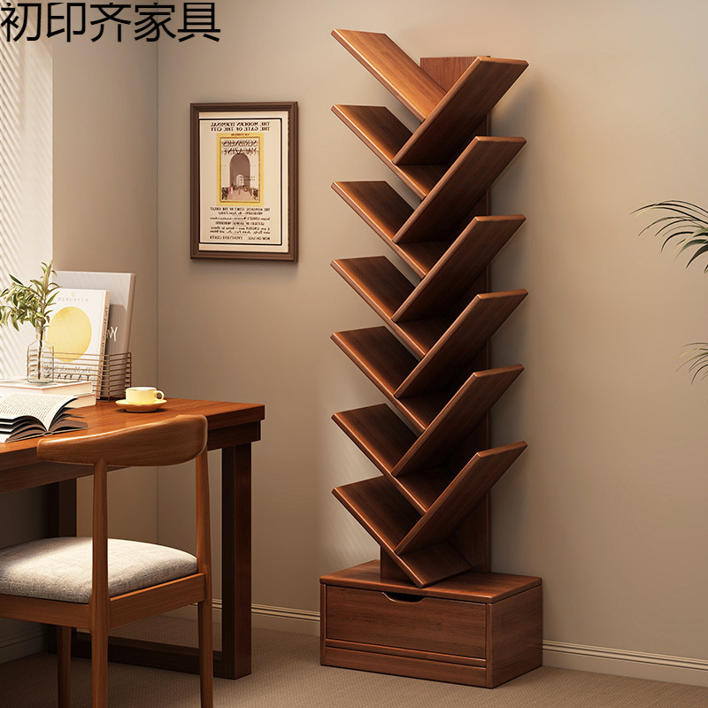 Solid Wood Bookshelf Creative Tree-Shaped Floor-Standing Storage Rack Home Living Room Storage Rack Corner Bookcase Children's Storage Cabinet