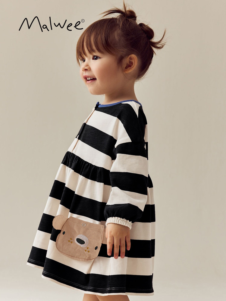Transfronterizo malwee vestido de niña otoño y invierno nuevo estilo europeo y americano de niños pequeños y medianos cuello redondo mangas largas vestido de princesa a rayas grandes