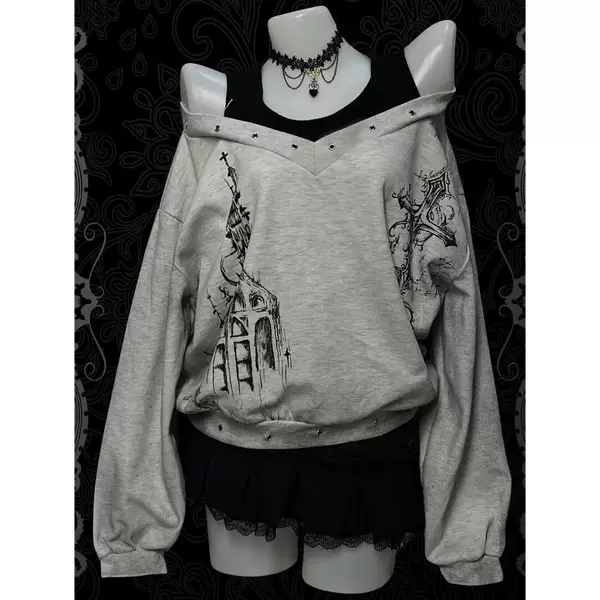 Subculture Punk Rock Cross Print Off-Shoulder Fake Two-Piece Long-Sleeve Sweatshirt Loose Harajuku Shibuya Top