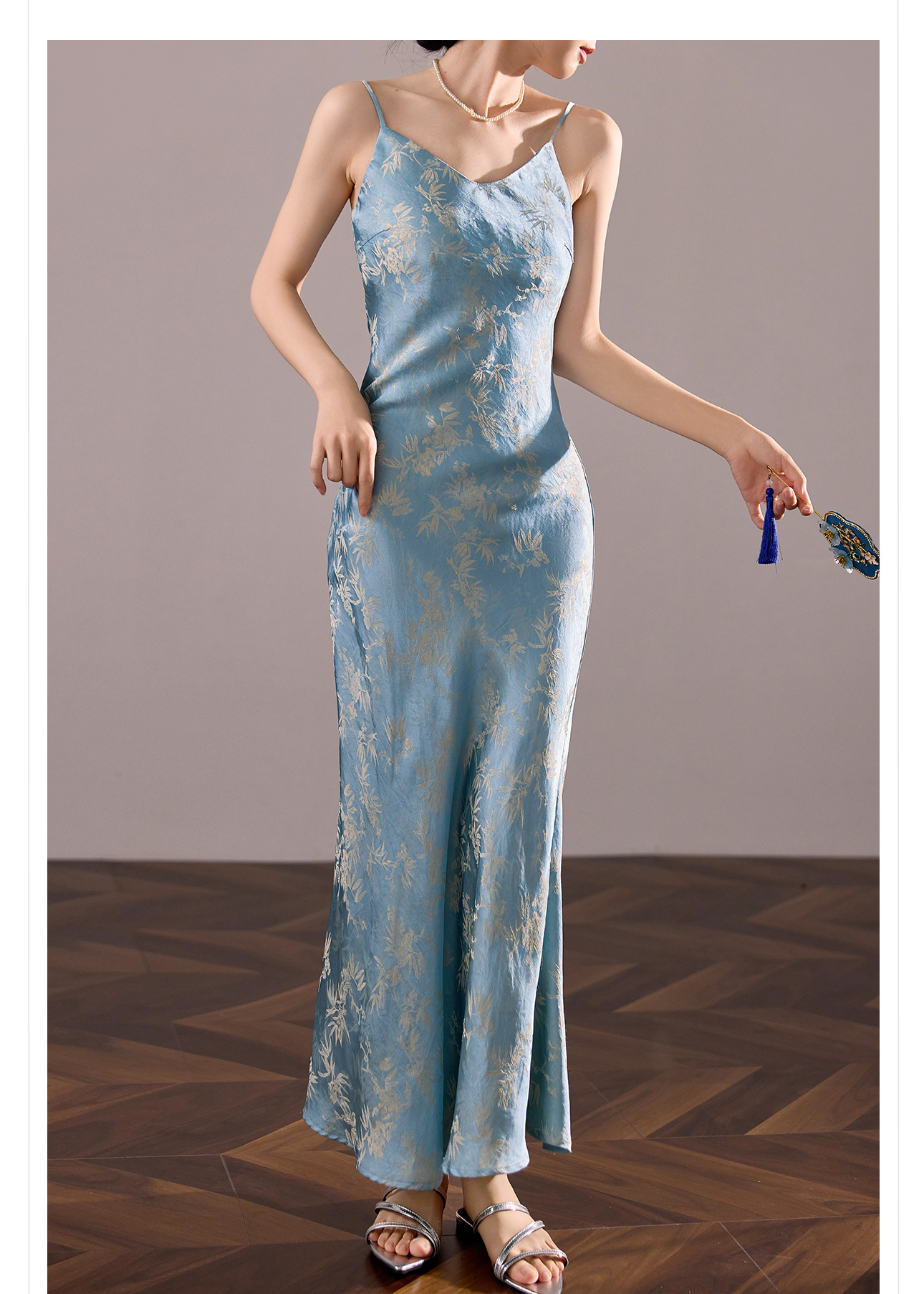 Váy maxi cạp cao vải rayon họa tiết lá tre xanh mùa hè, dáng suông tôn dáng ZX M4081 — Màu xanh nước hồ chi tiết 5