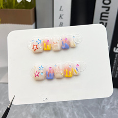 手工穿戴甲成品甲片可愛星星塗鴉短款美甲片可拆卸穿戴式指甲貼