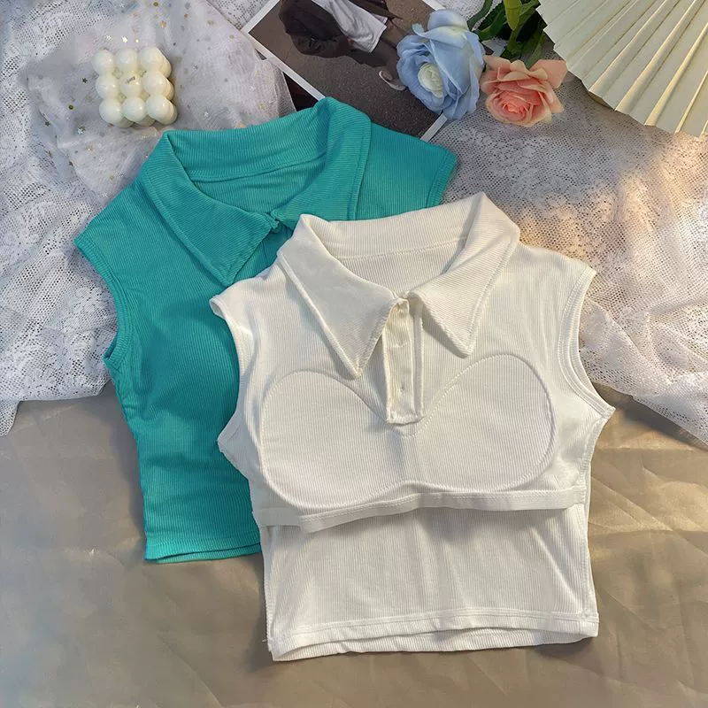 Американский горячий воротник поло без рукавов жилет женский летний 2024 новый внешний вид тонкий тонкий тонкий тонкий пупок короткий топ