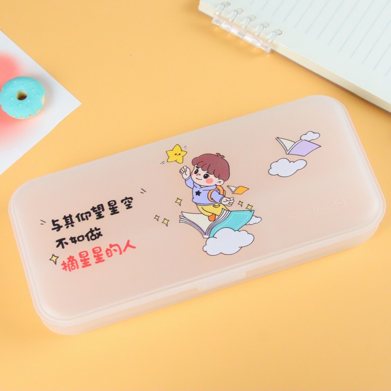 Creativo transparente color impresión papelería caja de dibujos animados estudiante de gran capacidad lápiz caso escritorio papelería caja de almacenamiento lindo lápiz