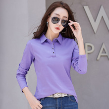 2023秋季新款翻领纯色纽扣长袖T恤女士打底衫亚马逊速卖通代发