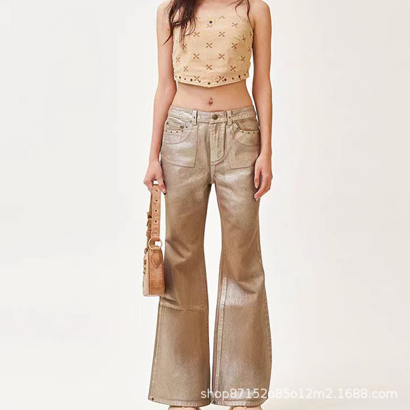 Smk R Gold Snake Horn Jeans Hand-Painted Gold Wax Twill Denim Vintage Mid-Waist Straight-Leg Pants 24 New Style Women's Smk R Gold Snake Horn Jeans Hand-Painted Gold Wax Twill Denim Vintage Mid-Waist Straight-Leg Pants 24 New Style Women's