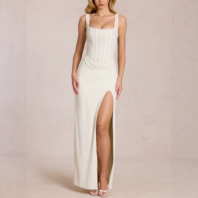 European and American Style Lace Fishbone Waist-Cinching Spaghetti Strap Long Dress for Women, Square Neck Tie-Up High Slit Slim-Fit Long Evening Gown