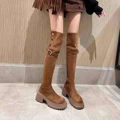 2025秋冬新款复古西部靴女加绒过膝长筒靴棕色厚底美拉德骑士靴子