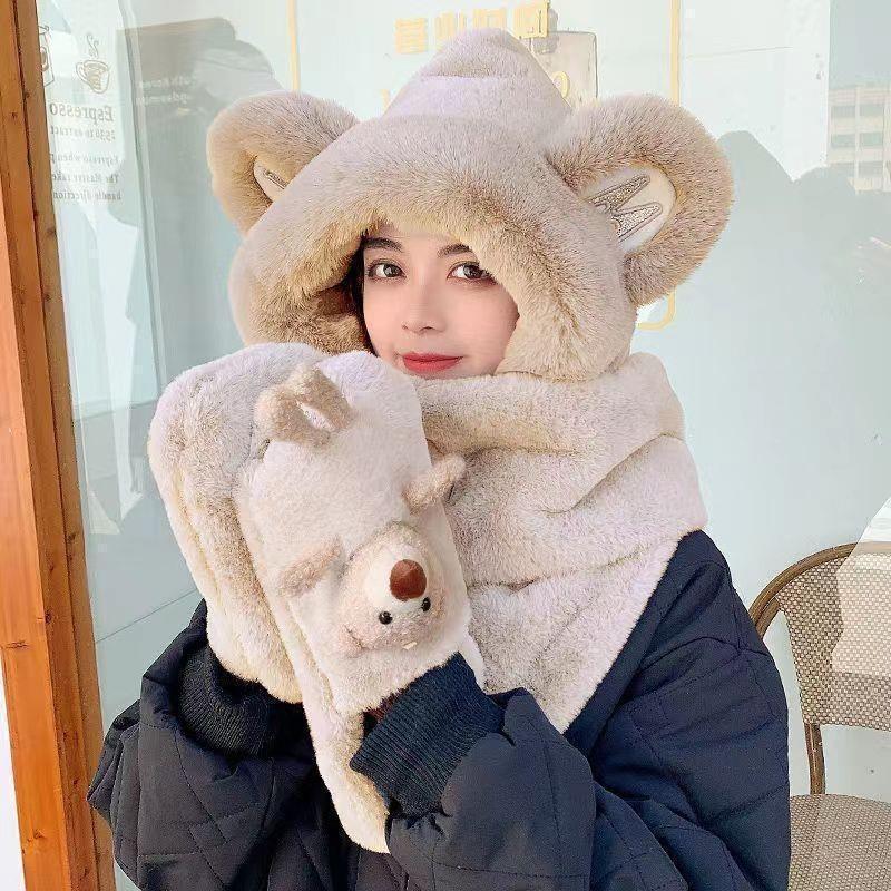 熊の帽子秋冬の韓国版のかわいい女性の毛のマフラーの一体の冬の自転車の保温の手袋の3セットの潮|undefined