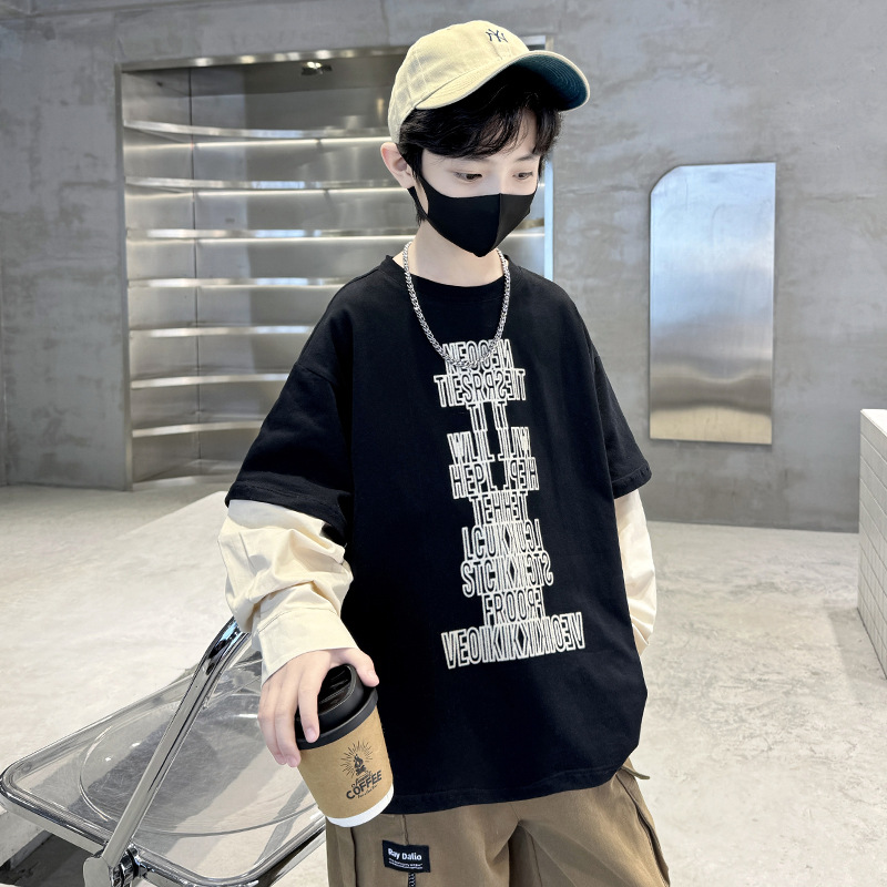 春季男童衛衣新品童裝兒童大男孩字母薄款衛衣上衣假兩件長袖t恤