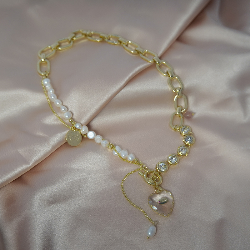 38g Weight 14K Gold Plated Plating Material Glass Pendant Material Necklace Classification Copper Chain Material 1 Piece Quantity Casual Occasion Freshwater Pearl Material Heart Shape Pattern Women's Gender Plating Design Fairy Style Style Fairy Style Heart Shape Freshwater Pearl Plating 14K Gold Plated Women's Necklace 6