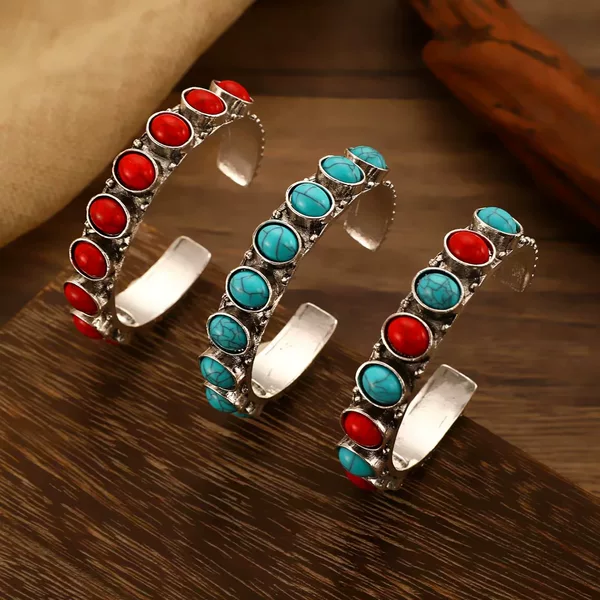 Bohemian Style Women's Bracelet Open-Ended Turquoise Jewelry Amazon Foreign Trade Retro Color-Preserving Bracelet Bracelet
