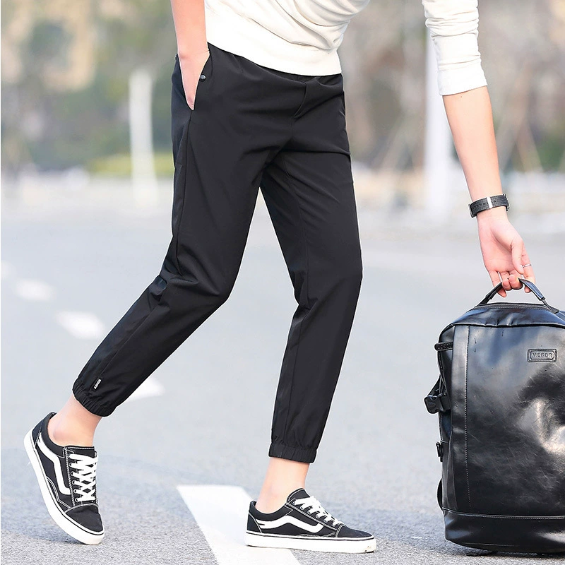 Новые летние мужские укороченные брюки из ледяного шелка, дышащие эластичные однотонные тонкие прямые деловые повседневные брюки напрямую от производителя