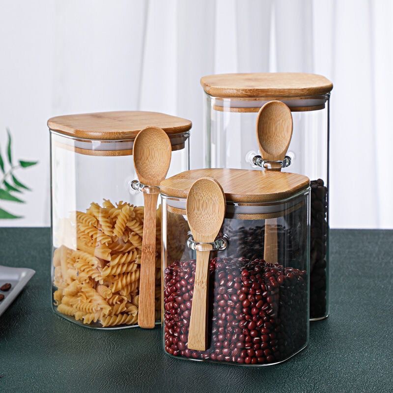 Wholesale Square Glass Sealed Jars with Wooden Spoon, Multi-Specification Coffee Bean Storage Jars, Kitchen Storage Glass Storage Jars Wholesale Square Glass Sealed Jars with Wooden Spoon, Multi-Specification Coffee Bean Storage Jars, Kitchen Storage Glass Storage Jars