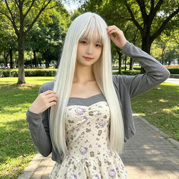 Anime wig female long hair white air air bangs long straight hair…