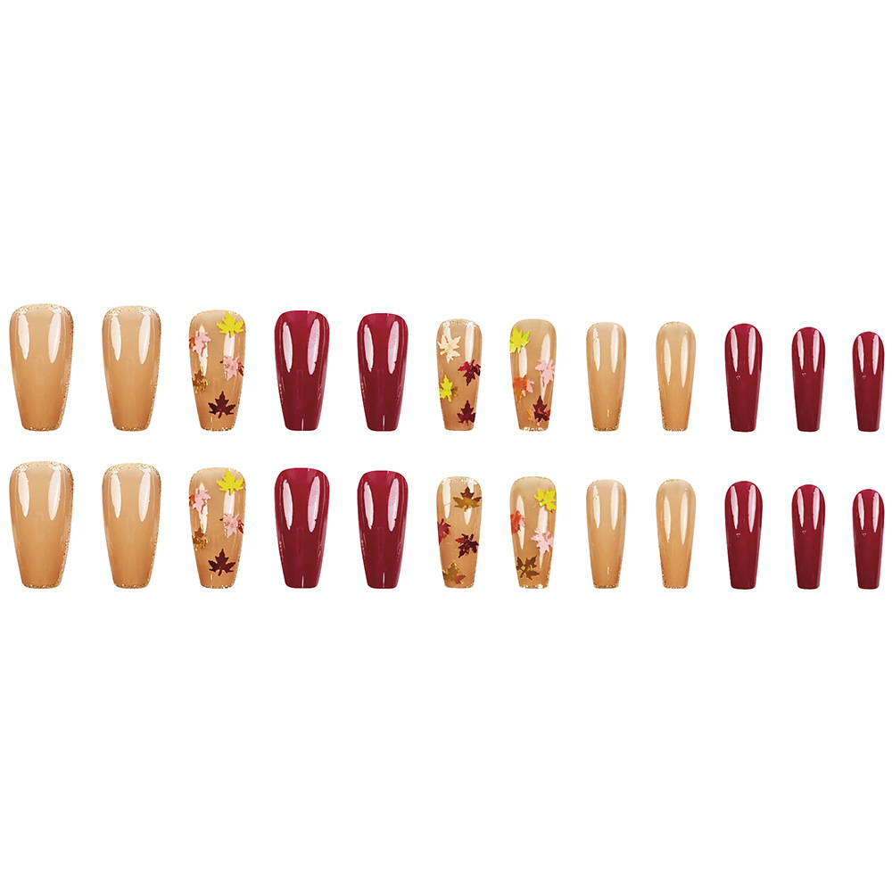 Otoño de color contrapeso oro de hoja de arce manicura comercio exterior polvo de brillo delicado para usar 24 piezas de parche de uñas falsas