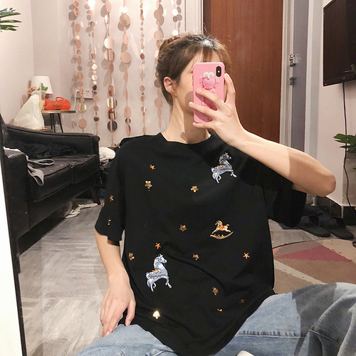 Oversized Women's Hong Kong-style Embroidered Short-Sleeve T-Shirt for Summer 2025, Instagram-Worthy Half-Sleeve Top Perfect for Students Up to 200 lbs
