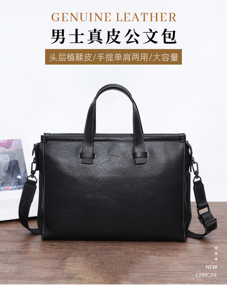 Túi xách tay nam da bò thật công sở đựng tài liệu laptop dung tích lớn 38×11×26 cm — Màu đen da thực vật chi tiết 1