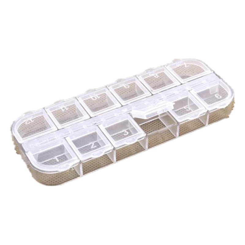 Venta caliente PS plástico transparente 12 rejilla cubierta independiente joyería clasificación aparejos de pesca caja de almacenamiento de cuentas de arroz caja de embalaje de caja de plástico