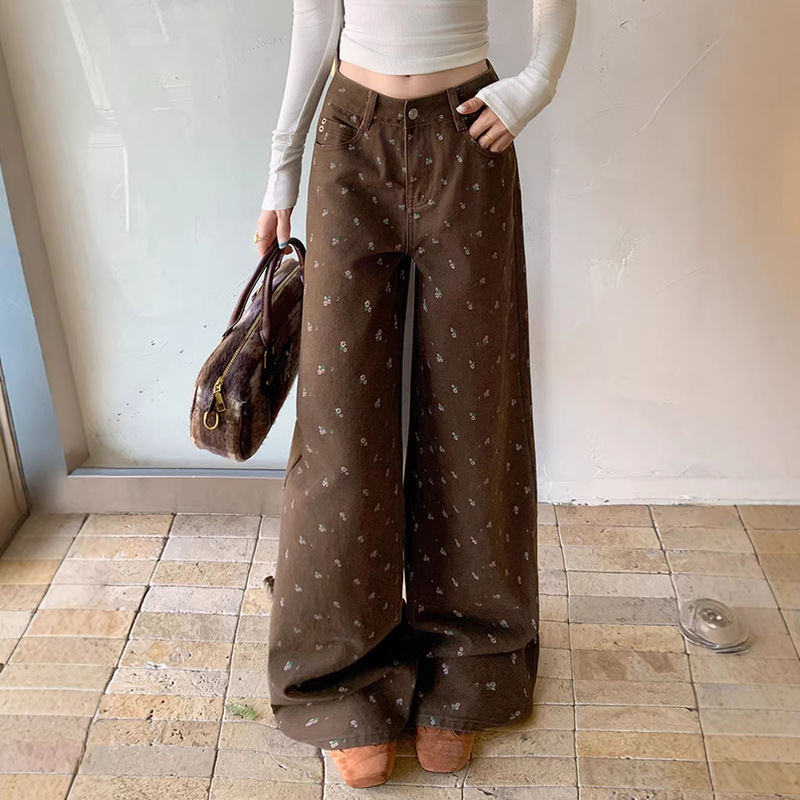 【Korean Style】Xintang Denim Comfortable Floor-Length Casual Versatile American Retro Floral Loose Wide-Leg Jeans for Women