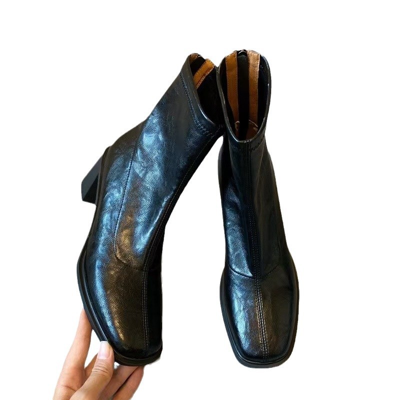 2種類の高さと高さの高さと太さと弾力性のあるやせた靴2024秋の新型の後ファスナーのショートブーツの柔らかい底