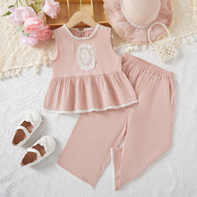 女童可爱公主套装夏季清新藕粉色背心7分裤韩版套装