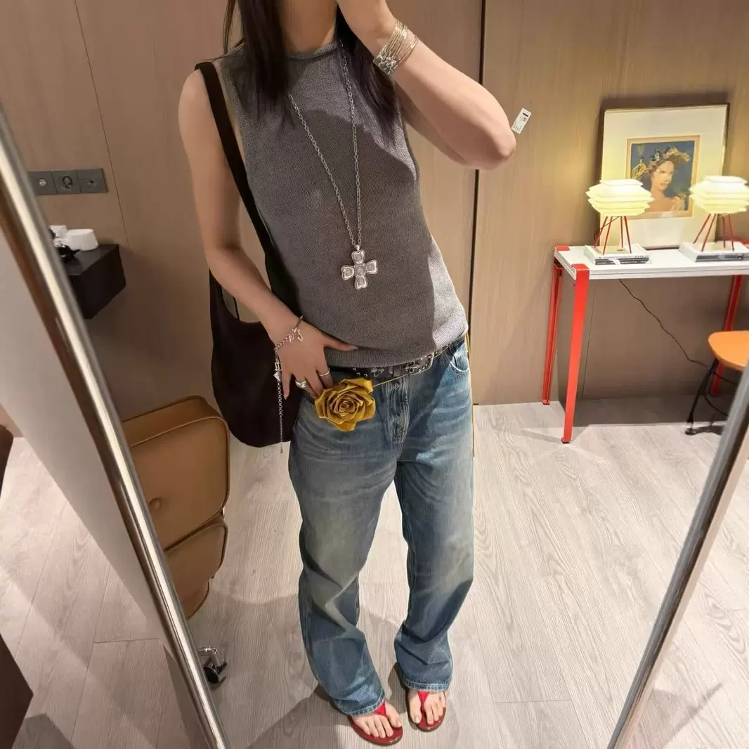 新款百搭多色亚麻棉感粗针织肌理颗粒半高领卷边毛织无袖背心5111