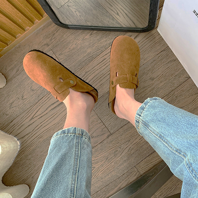 Suisanxi mismo estilo cuero genuino vintage Boken zapatos planos cerrados dedo del pie medio zapatillas verano de las mujeres desgaste exterior punta redonda Boken sandalias