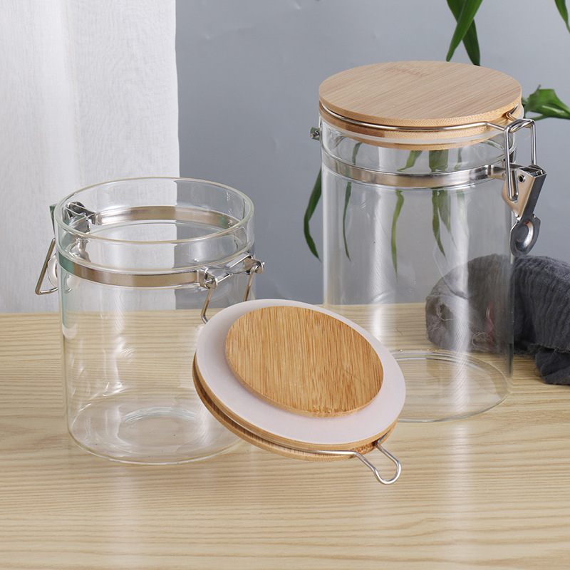 Hebilla de acero inoxidable frasco de almacenamiento de vidrio a prueba de humedad espesado vidrio de borosilicato botella sellada frasco de almacenamiento de grano
