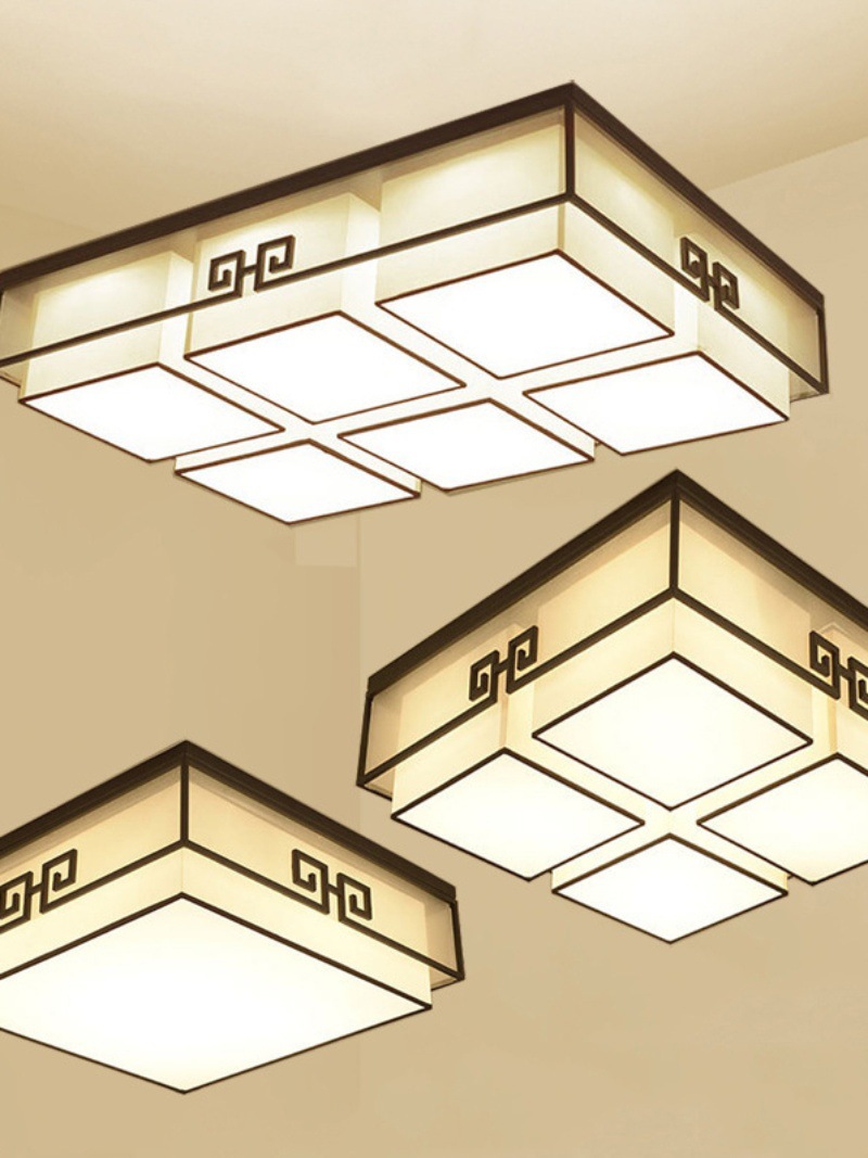 長方形簡約鐵藝新中式布藝吸頂燈仿古禪意客廳臥室平板方形LED燈