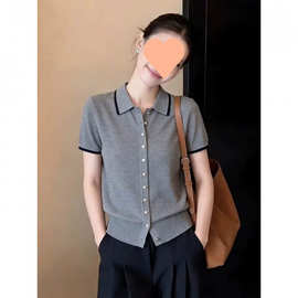 通勤气质百搭灰色撞色边polo领短袖T恤女夏季新款简约针织衫上衣