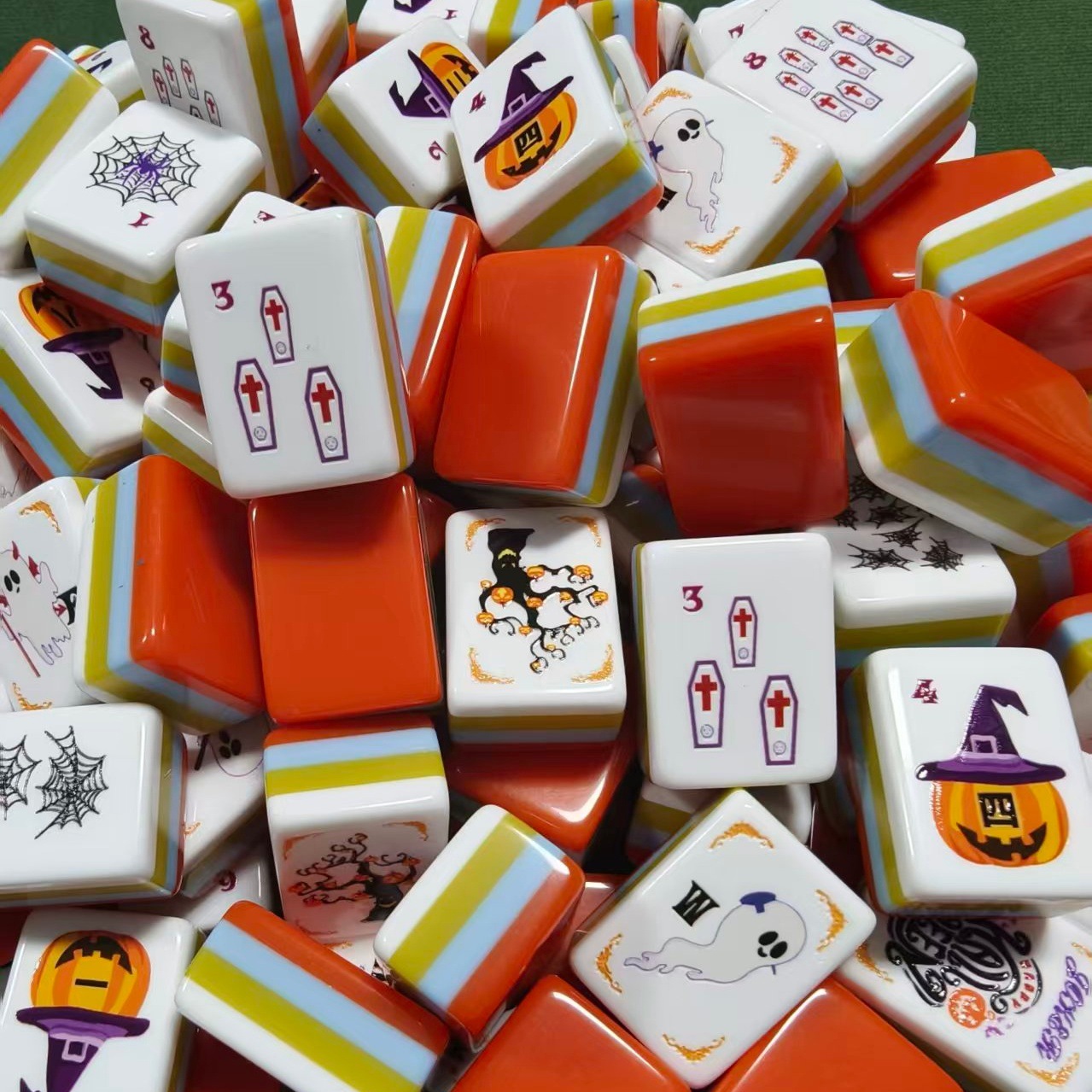 Orange Halloween-themed American Mahjong Wholesale Pumpkin Lanterns, Imps, Witches, Festive Atmosphere Mahjong Tiles