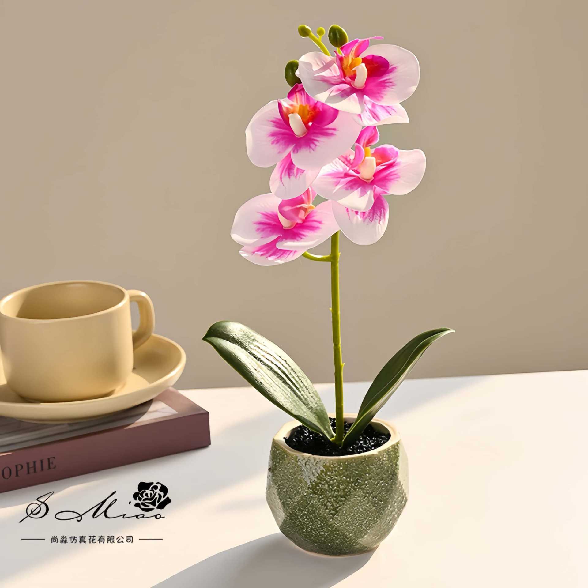 Flor artificial de Phalaenopsis de 4 flores, pequeño bonsái, decoración floral creativa y moderna, adorno, planta verde artificial, planta artificial en maceta