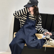 外贸儿童牛仔背带裤春秋款女大童条纹长袖套装休闲宽松潮范两件套