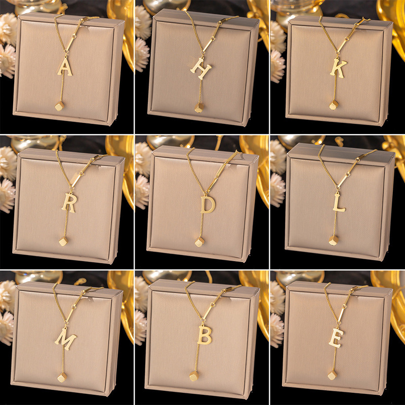 26 Letters Fadeless Titanium Steel Necklace Female Niche Design Simple Square Pendant Collarbone Chain Cold Wind Neck Chain