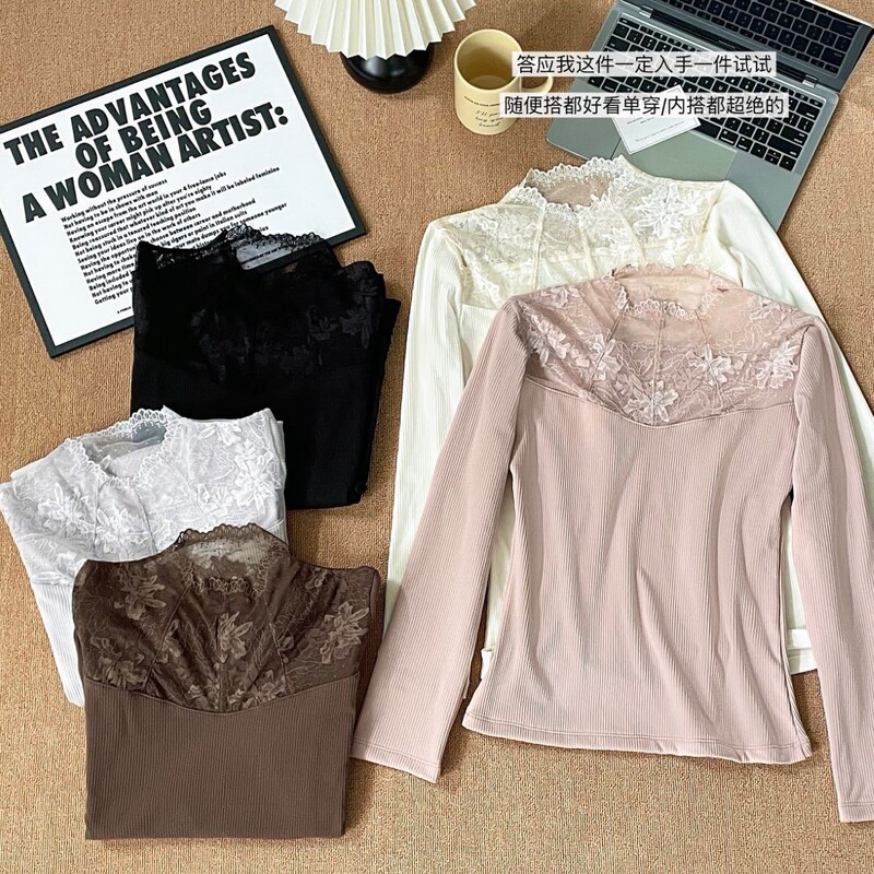 Women's half-turtleneck lace faux collar thermal base layer, ribbed elastic close-fitting versatile long-sleeve inner wear for autumn and winter Women's half-turtleneck lace faux collar thermal base layer, ribbed elastic close-fitting versatile long-sleeve inner wear for autumn and winter