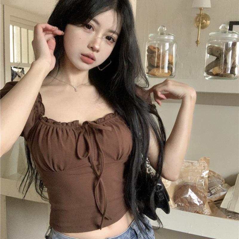 American Style Retro Sweet Spice Girl Square Collar Short-sleeved T-shirt Women's Summer New Design Sense Wood-ear Slim-fit Short Top