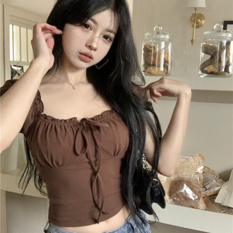 American Style Retro Sweet Spice Girl Square Collar Short-sleeved T-shirt Women's Summer New Design Sense Wood-ear Slim-fit Short Top