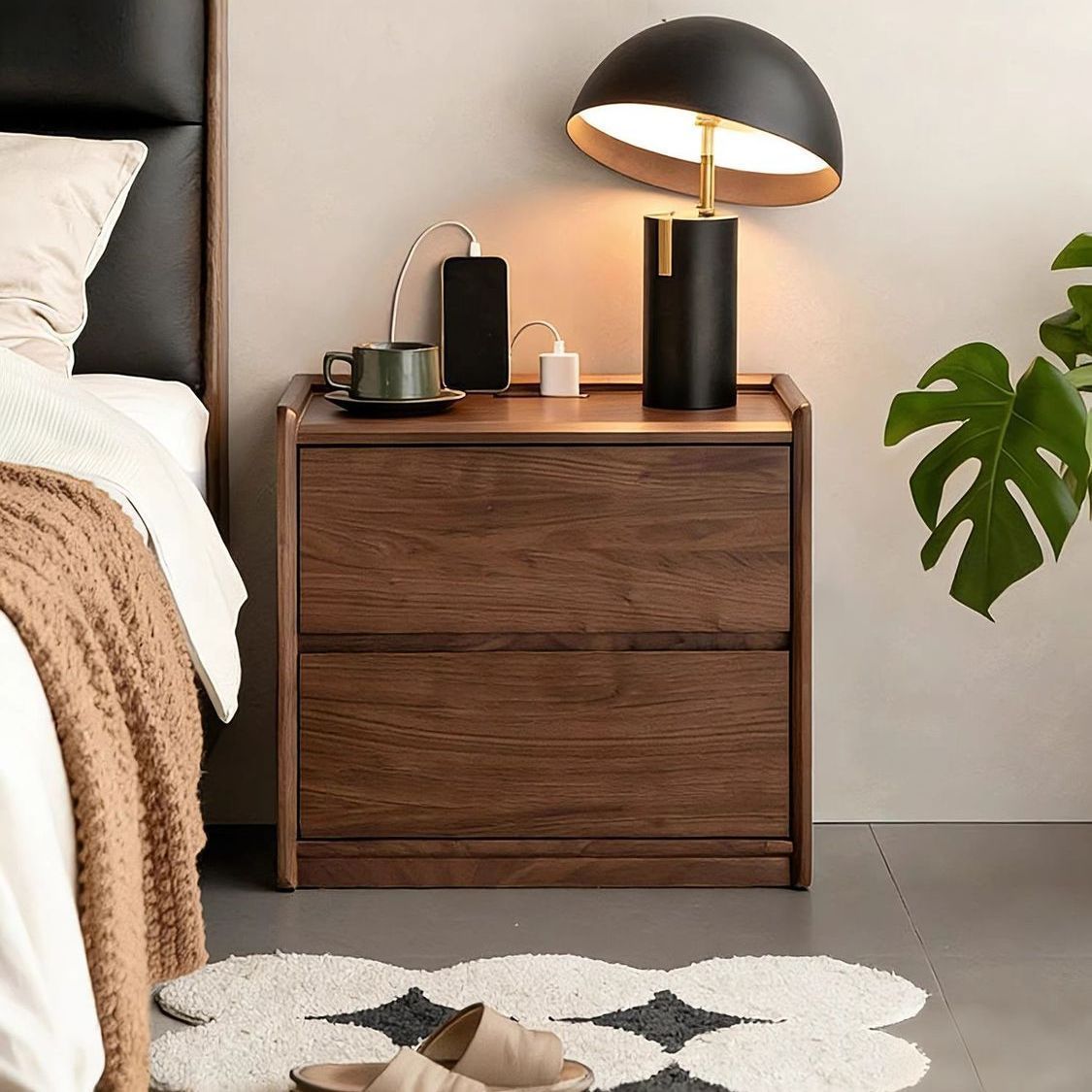 Simple Modern Solid Wood Bedside Table Nordic Bedroom Walnut Color Bedside Cabinet Modern Simple Drawer-Type Storage Cabinet