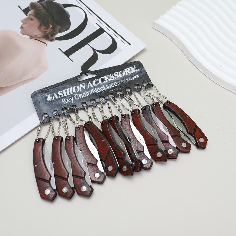 仿木纹折叠水果刀带链露营便携刀家用锋利折刀宿舍用学生拆快递刀
