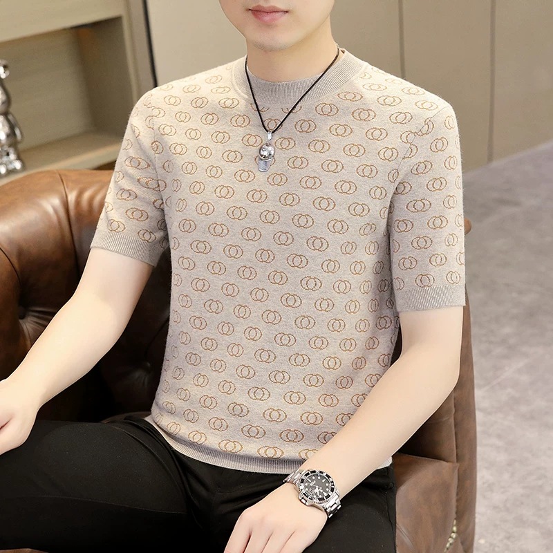 Camisas de punto de estilo antiguo camiseta de manga corta hombre impresa jacquard cuello redondo de negocios de hielo de verano fábrica transfronteriza al por mayor
