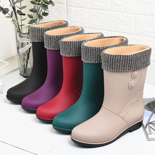 Fashionable Fleece Lined Rain Boots for Women, Warm High-Cut Rain Boots for Winter, Solid Color Low Heel Snow Boots for Outdoors, PVC Rubber Shoes