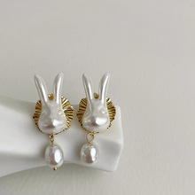 新款S925巴洛克珍珠兔子耳环女韩国小众设计感气质时尚网红耳饰潮
